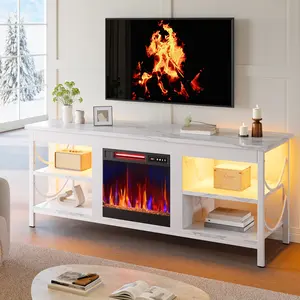 Pinmoco Electric Fireplace TV Stand for TVs up to 70", LED Entertainment Center With Cabinet & Shelves, TV Media Console Table for Living Room, Bedroom