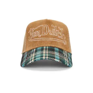 Von Dutch Plaid Cord Trucker Hat in Sepia Stone