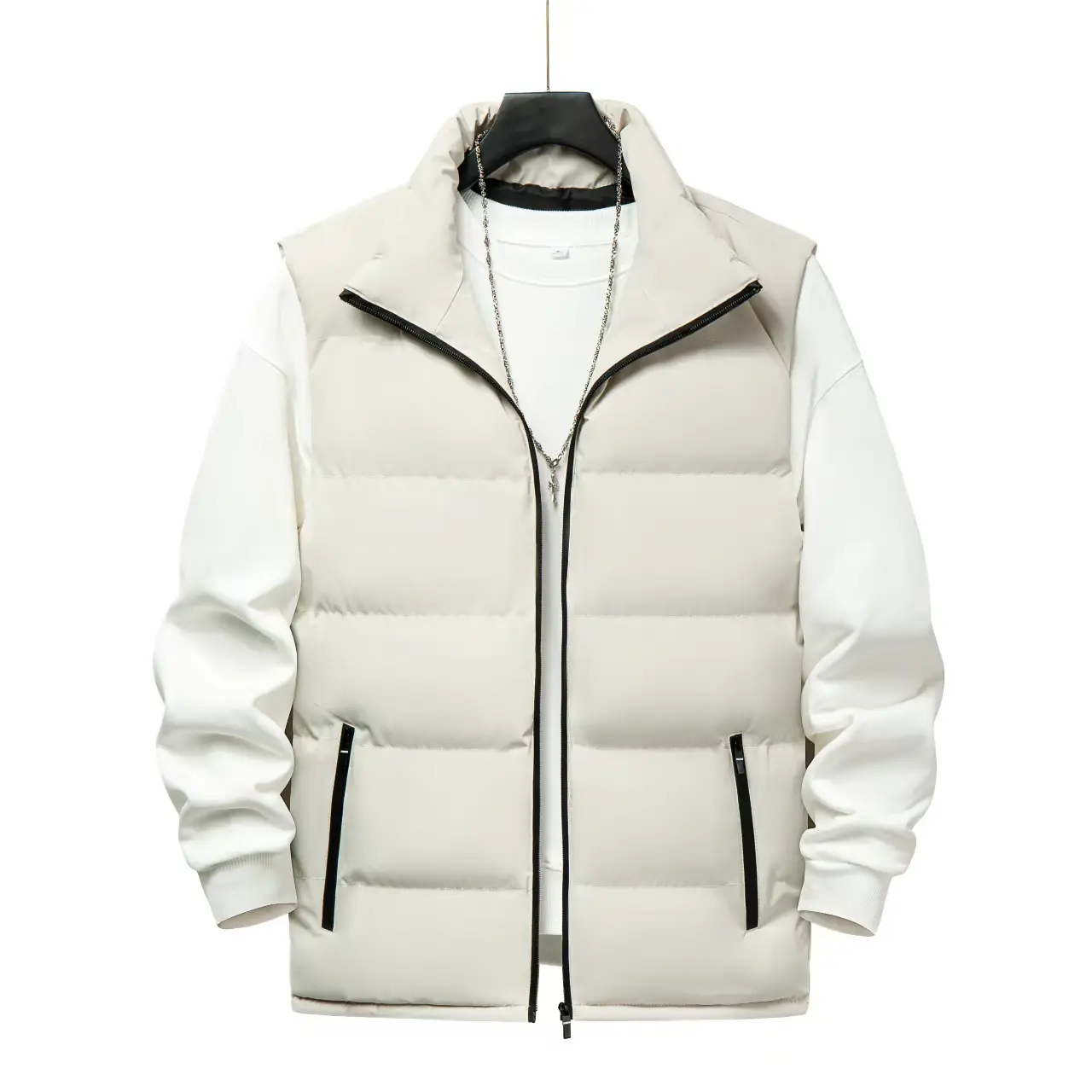 Men's Fitted Quilted Puffer Vest, Woven Preppy Mock Neck Sleeveless Jacket, Heavyweight Waterproof & Windproof for Autumn Winter, Trench Coat, Zip, Fabric, Partying