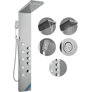 Shower Panel Tower System With Four Shower Modes, Rainfall And Waterfall Streams, Five Full-Body Massage Jets, Three-Setting Handheld Shower Head On 59-Inch Hose, Stainless Steel Wall-Mounted Shower Set