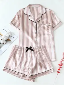 Women's Jacquard Striped Pajama Set, Pajama Pattern, Satin Loungewear Set, Casual Woven Fabric, Thin Fit, All Seasons Sleepwear, Comfortable Nightwear for Ladies