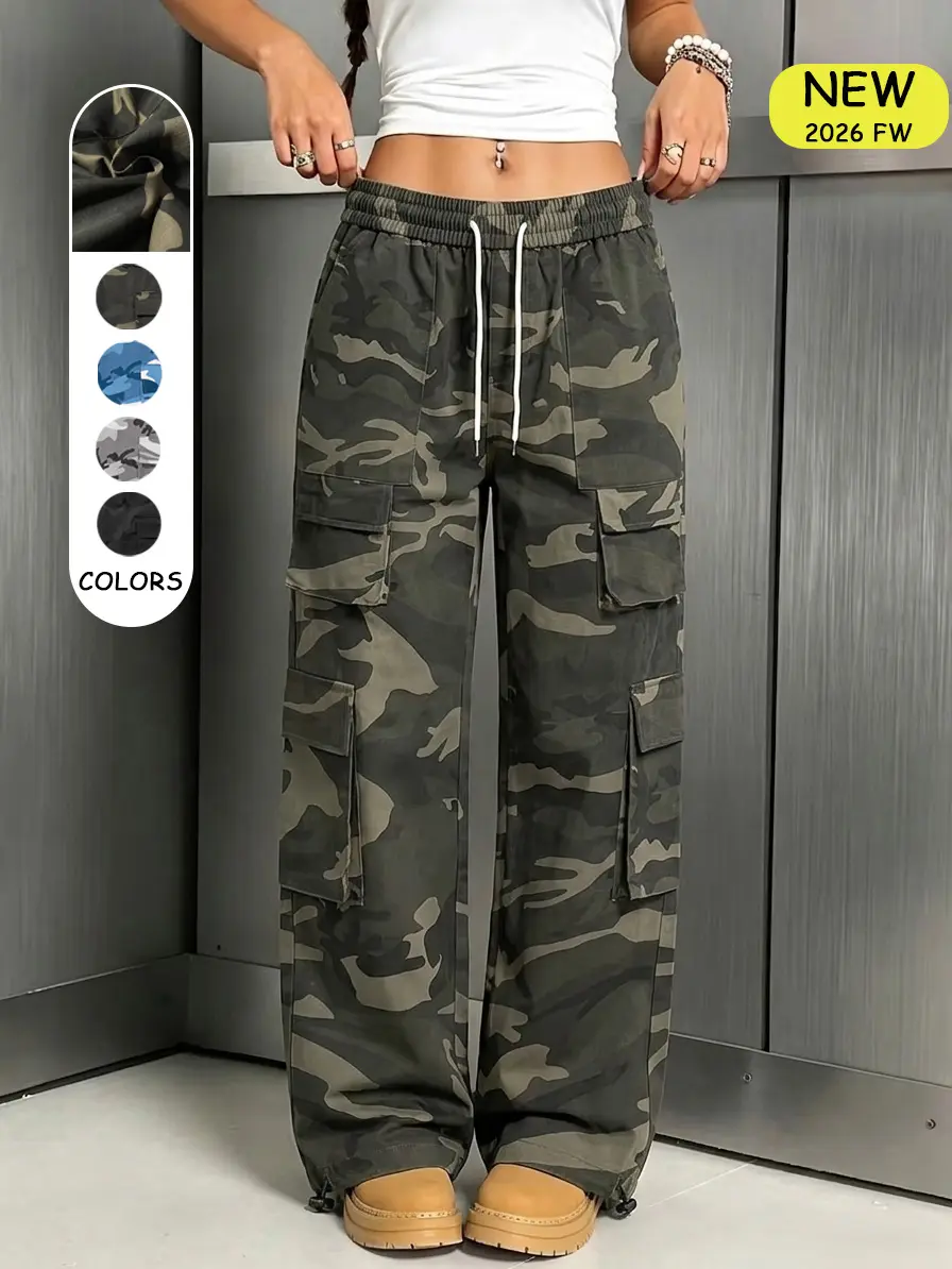 2026FW Women’s Camouflage Cargo Pants, Retro Street Style, Multiple Pockets, Regular Fit, Suitable for All Seasons, Casual Streetwear, Camouflage Multi-Pocket Cargo Pants backtoschoolshopping
