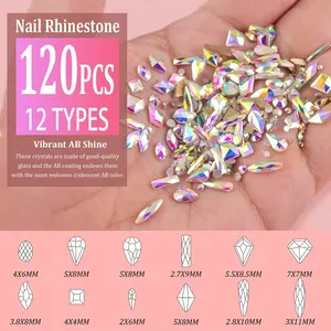 Nail Rhinestone 120PCS 12 Types Multi Shapes 3D Glass AB Crystal Nail Art Rhinestones Kit with Flatback Round Bead Charm Gem Stone Jewelry Diamond with Pickup Pen + Tweezer for Manicure Craft Decoration Iridescent