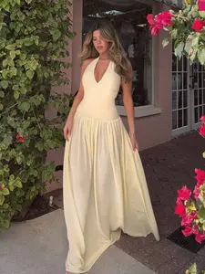 Women's Summer Halter Neck Vacation Pleated A-Line Long Dress, Perfect for Casual Outing, Travel, and Holiday Occasions