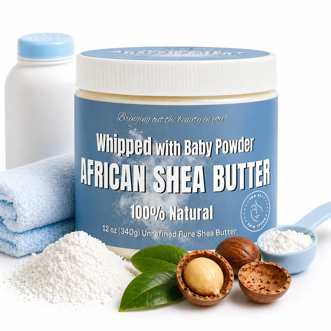 Whipped Shea Body Butter - Baby Powder - 100% Pure Natural Body Butter for Men Women - Handcrafted Moisturizer with Vitamins for Radiant Skin Luscious Hair Body Care Moisture Organic Smooth Daily Lightweight Sensitive Cosmetic Hydrating Moisturizing