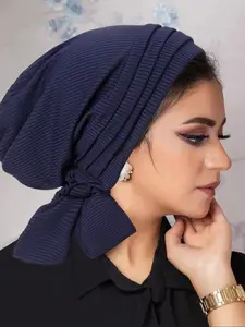Women's Fashion Hat Pure Color Ribbed Design Four Stripes Long Tail Scarf Cap Chemotherapy Hat Two Grooves Long Tail Hat Turban Hijab, Fashion Hair Scarves