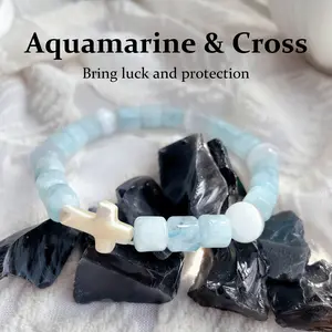 Natural Aquamarine Healing Guardian Bracelet with White Shell Cross, Crystal Clear Energy Bracelet Symbolizing Protection & Luck, March Birthstone, Gentle Style Unisex Accessory, Mother's Day / Teacher's Day / Nurses' Day Gift