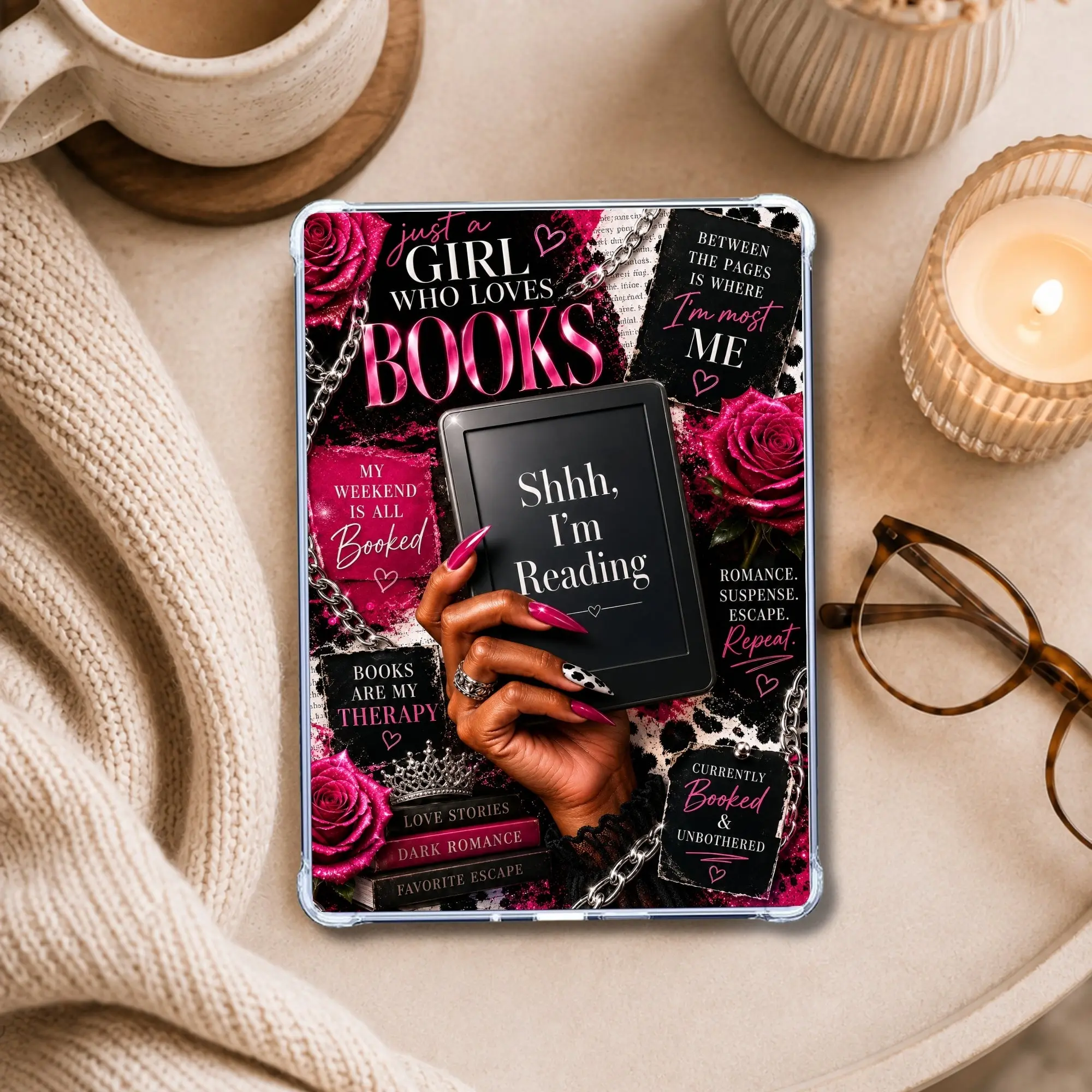 Melanin Girl Pink Luxury Shhhh Kindle Insert | Clear Case eReader Decor