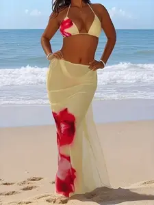 Women's Floral Bikini Set with Skirt, Floral Print Swimsuits, Quick-Dry Beachwear, Sexy Fitted Design, All-Season Swimwear, Three-Piece Bathing Suit