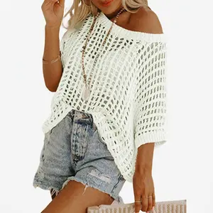 Women's Oversized Crochet Knit Pullover Top - Sexy Hollow Out Mesh Beach Cover Up - Loose Casual Boho Short Sleeve Summer Sweater for Beach to Sunset Dinner - Knitwear, Womenswear