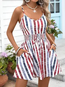 American Independence Day Themed Blue Striped Romper, High Waist A-Line Skirt Pants, Pocketed Beach Party, Sleeveless V-Neck Tie-Up Dress