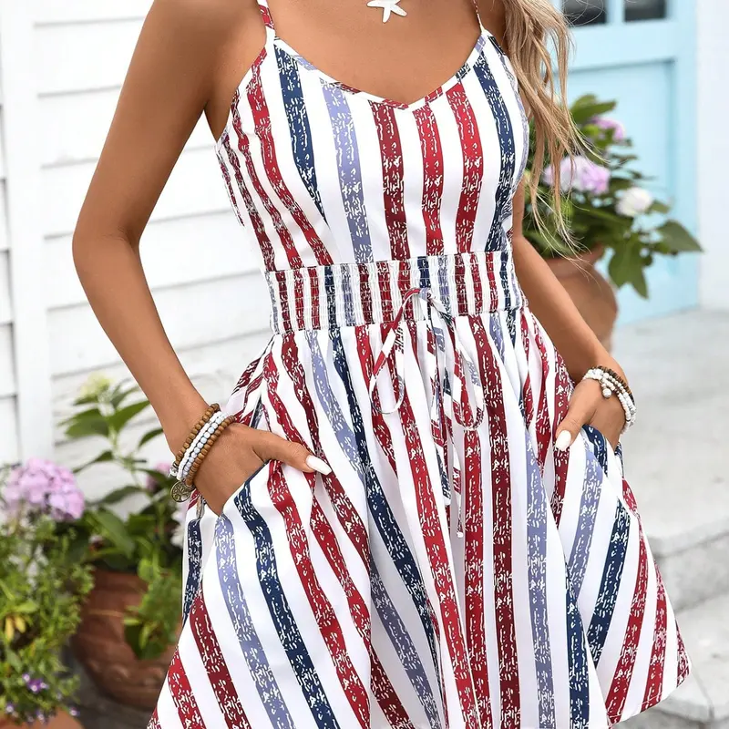 American Independence Day Themed Striped Romper, High Waist Wide-Leg Casual Romper with Pockets for Beach and Parties, Sleeveless V-Neck Tie Front Cami Jumpsuit, Jumpsuits with Pockets, Womenswear