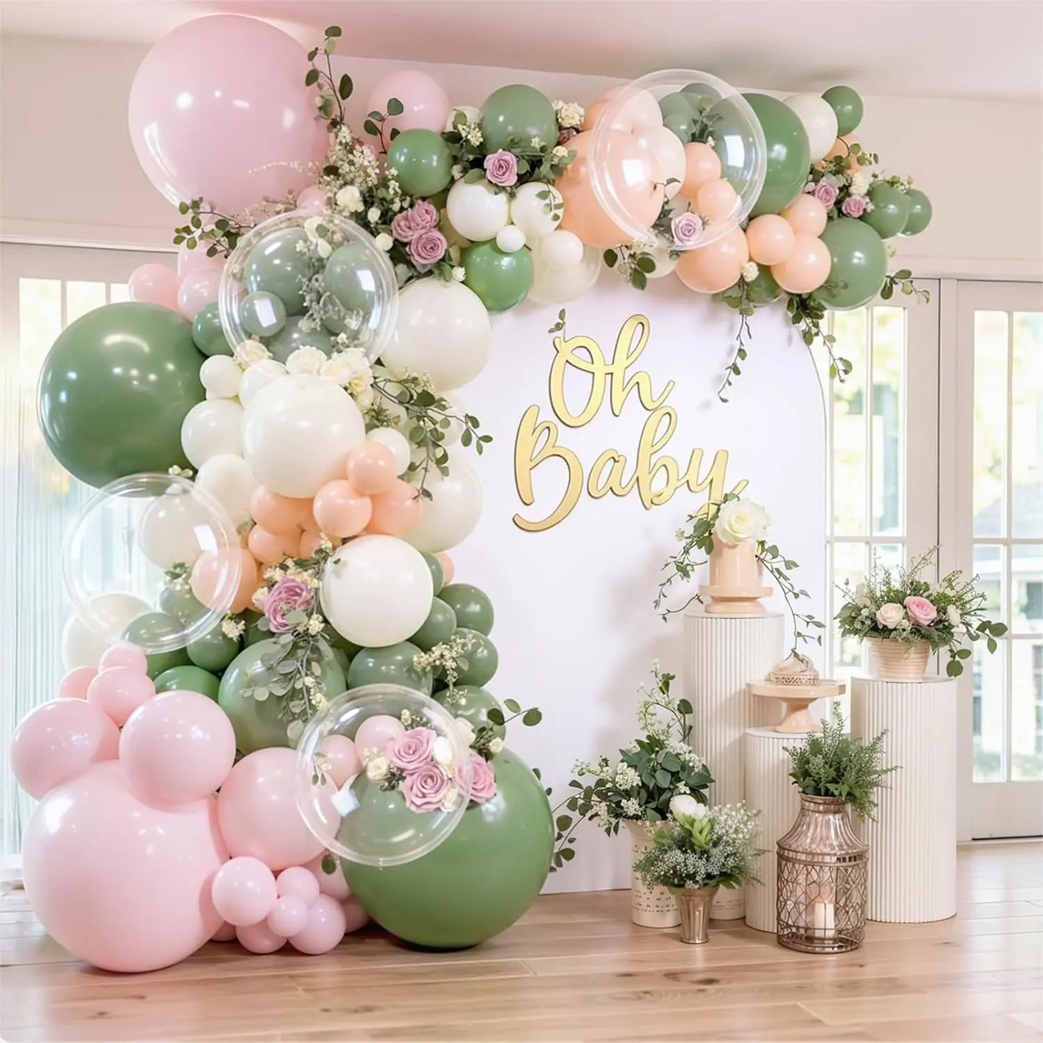 Thick Transparent Synthetic Festive Balloon Arch Kit - Light Dusty Pastel Sage Green, Sand White, Light Orange Flower Balloons for Wedding, Garden, Easter Decor