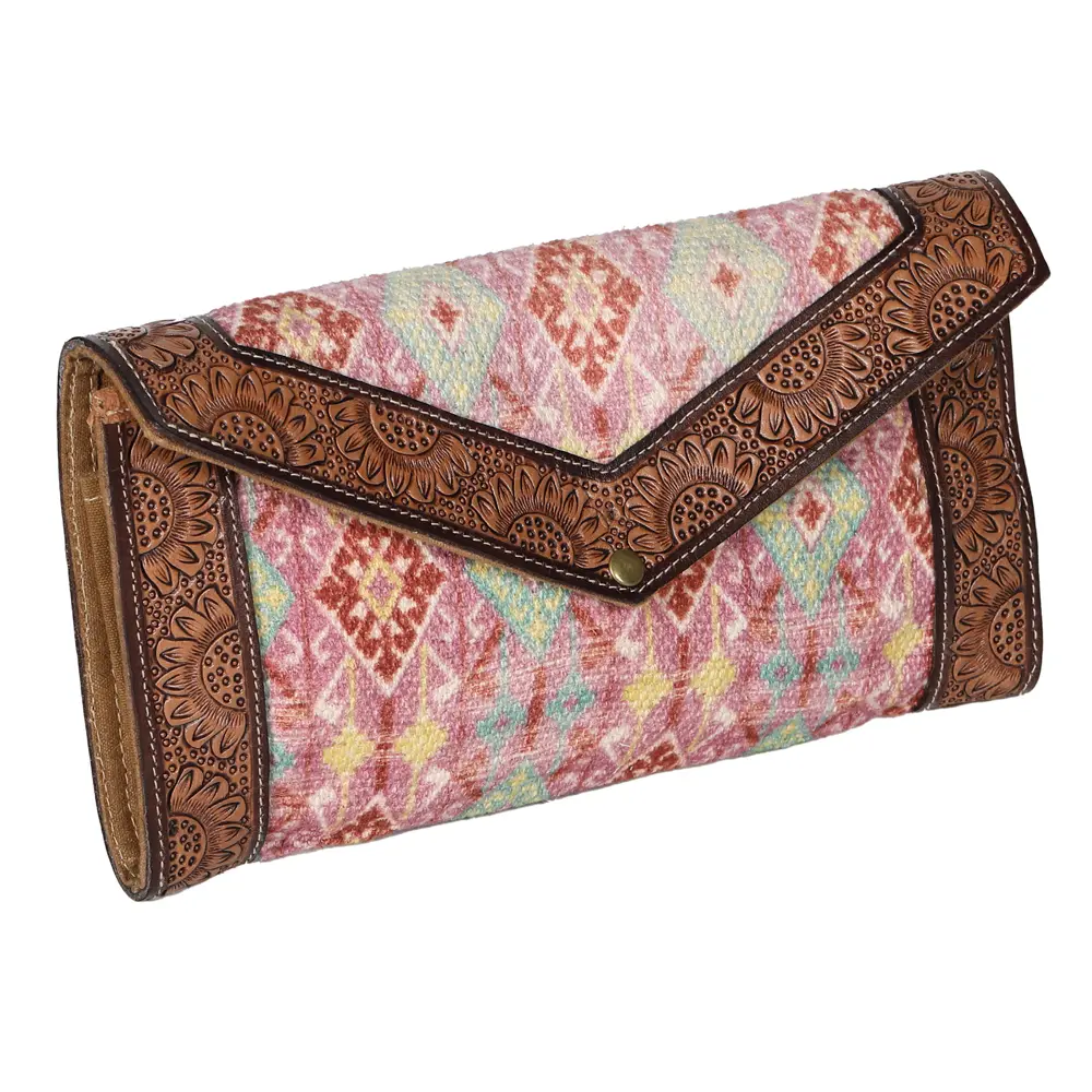 OHLAY Wallet Hand Tooled Upcycled Wool Genuine Leather Women Bag Western Handbag Purse Womens Handbags