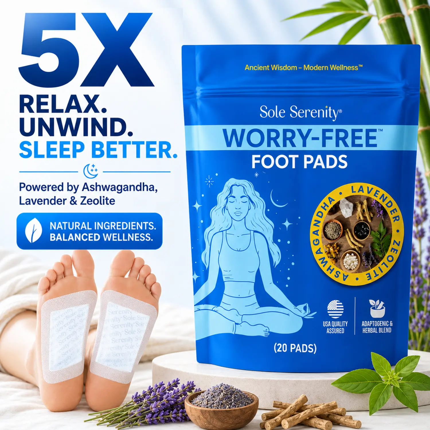 Sole Serenity Stress Relief Detox Foot Pads – Overnight Stress +Toxin Relief – Worry-Free Cortisol Support with Zeolite, Ashwagandha & Adaptogens (20 ct), Energy Healing, Grounding