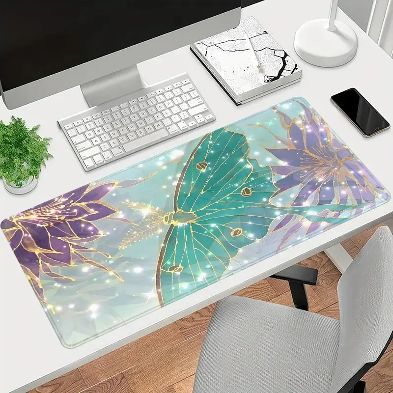 1pc Beautiful Glass Butterfly Large Gaming Mouse Pad Artistic Desk Mat Office Desk Accessories With Stitched Edge Non-Slip Mousepad Rubber Base Computer Keyboard Desk Pad 35.4x15.7 Inch Table Mat for Home Office as Gift for Women and Men Friends
