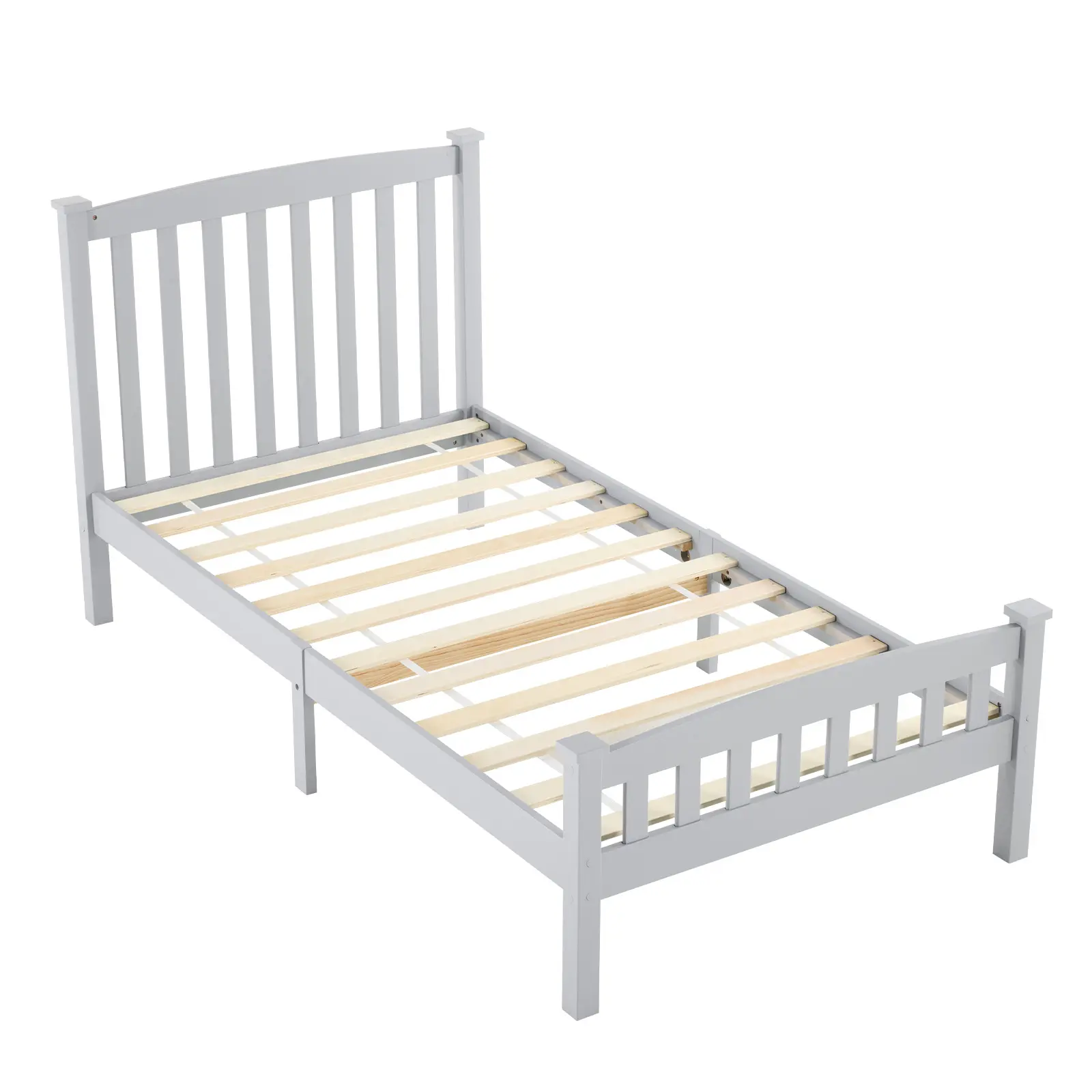 Karlhome Vertical Slat Headboard Pine Wood Bed Frame, Grey Finish, Twin Size