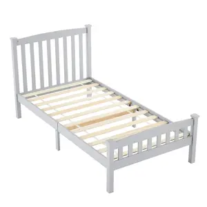 Karlhome Vertical Slat Headboard Pine Wood Bed Frame, Grey Finish, Twin Size