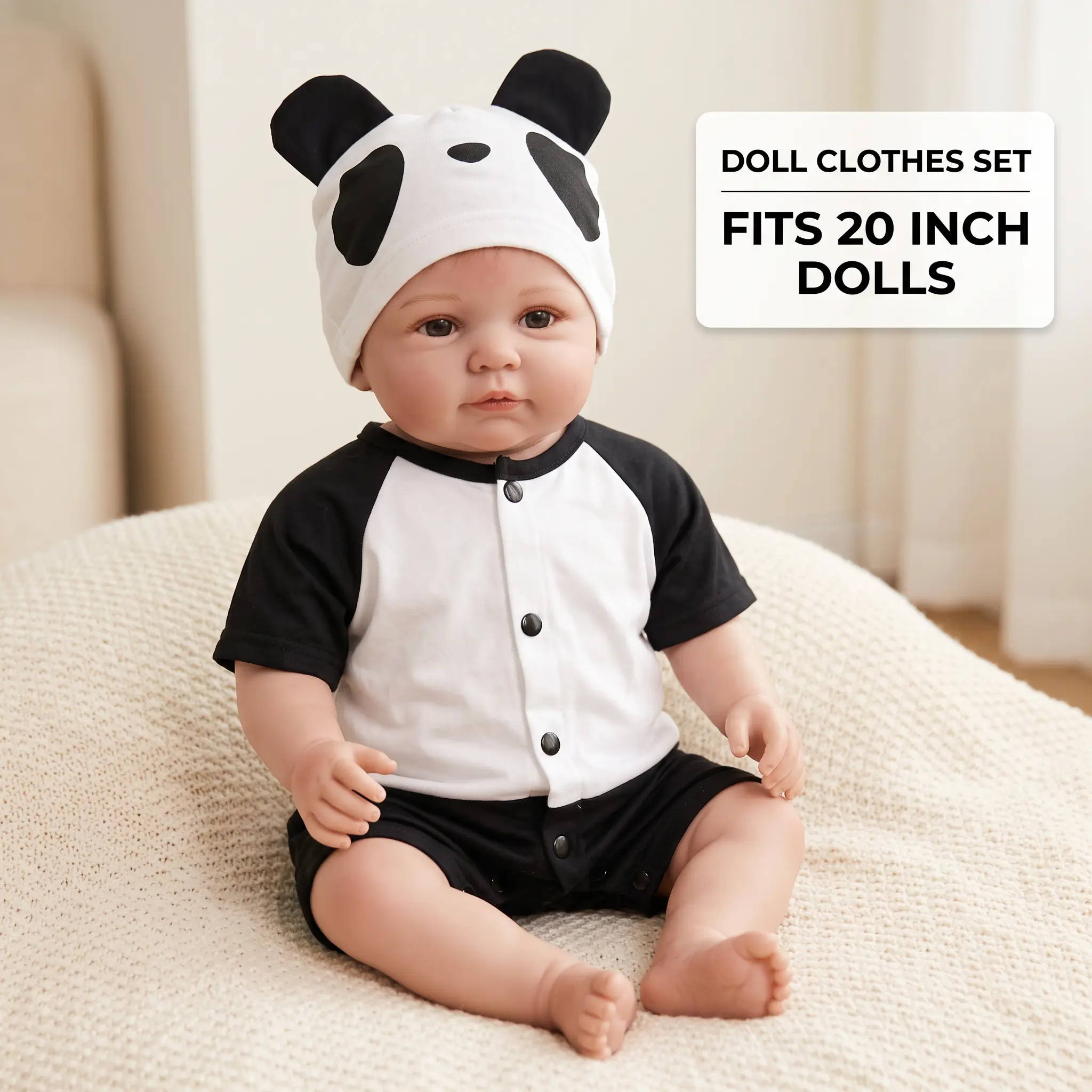 【Colorlizard】Reborn Baby Doll Matching Set, 1-Piece Unisex Cute Panda Short-Sleeve Romper with Beanie Hat, Soft Fabric Outfit for 18-22 in Realistic Newborn Dolls