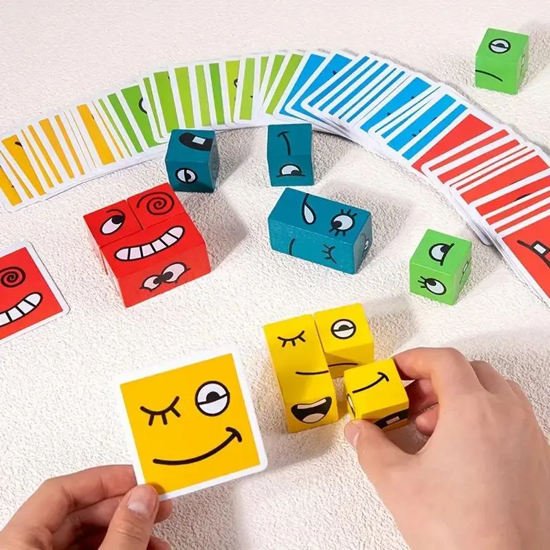 Emotion Building Blocks Puzzle Game, 1 Set Emotion Recognition Puzzle Cubes & Cards, Interactive Educational Game for Party & Learning Activity