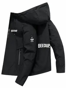 Men's Lightweight Polyester Fashion Hooded Jacket, Geometric Letter Print, Front Zipper, Casual Outdoor Spring Summer Coat