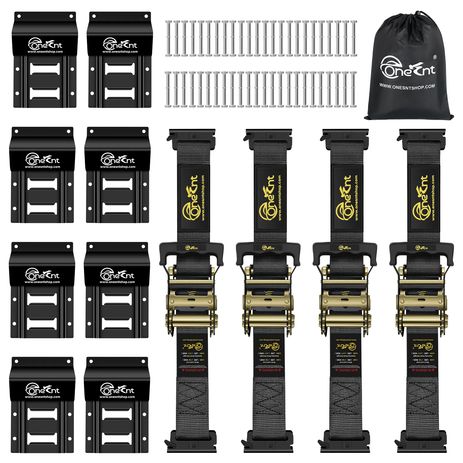 ONESNT 4Pcs E-Track Ratchet Straps with Wheel Chock Kit|2” x10 ft E Track Ratchet Tie Down Straps for 4800 lbs Break Strength Heavy Duty etrack Cargo Strap System Tie Down|E Track Spring Fitting