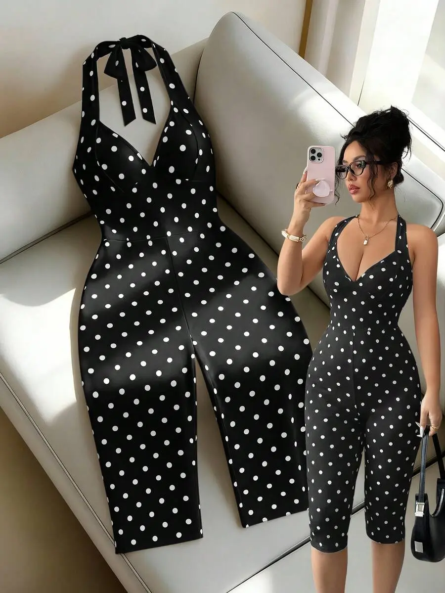 Women's Black And White Polka Dot Summer Vintage Jumpsuit, Slim Fit V Halter Shaping, Vacation & Commute, Comfortable Casual Outdoor One-Piece Suit
