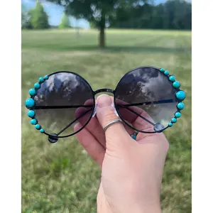 Free-Spirit Western Boho Sunglasses - Turquoise Stones & Oversized Round Black Lenses