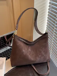 Simple and fashionable retro versatile bucket bag, large capacity letter casual daily crossbody bag, niche design solid color texture exquisite shoulder bag, suitable for shopping, commuting, work, daily outings, Hobo Shoulder Bag