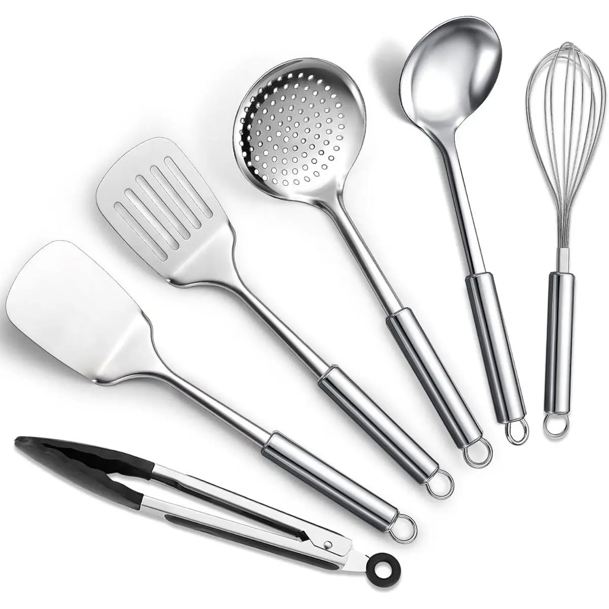 Stainless Steel Cooking Utensils Set 6 Pieces, Kitchen Tools Set Include Metal Spatula Set, Skimmer, Ladle, Tong, Whisk, Kitchen Gadgets Essentials New Home Must Have