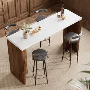 55.1 Inch Long Rectangular Counter, 35.8 Inch Height Dining Table - Faux Marble Top, T-Shaped Legs, Seats 4-6, Kitchen, Dining Room, Living Room, Balcony, Restaurant