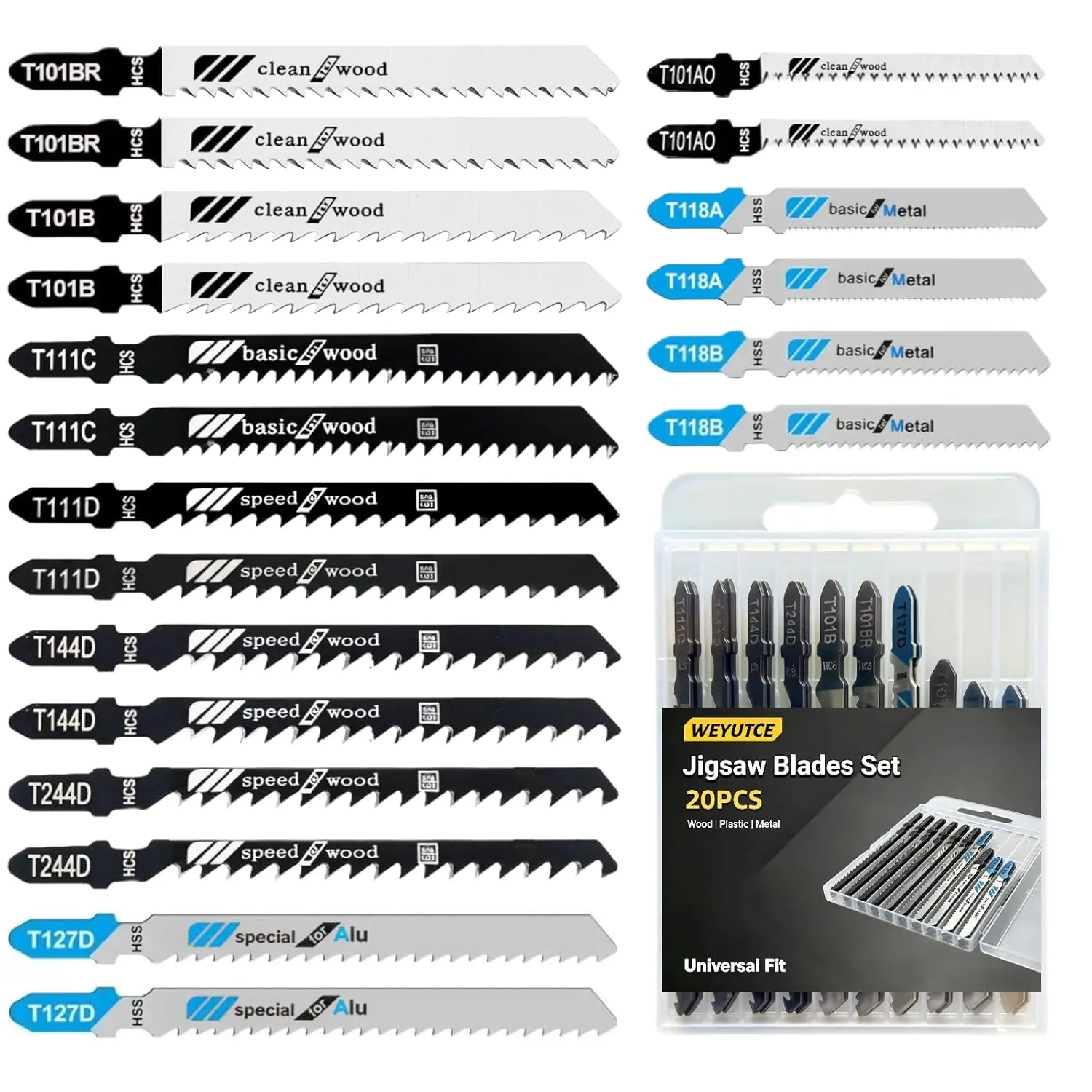 20-Piece Assorted T-Shank Jigsaw Blades Set for Wood, Plastic & Metal Cutting - T118A, T118B, T101AO, T101B, T101BR, T144D, T111C, T111D, T244D, T127D - Cuts Cleanly & Quickly, Easy to Install & Remove, Cork-Compatible, Long-Lasting