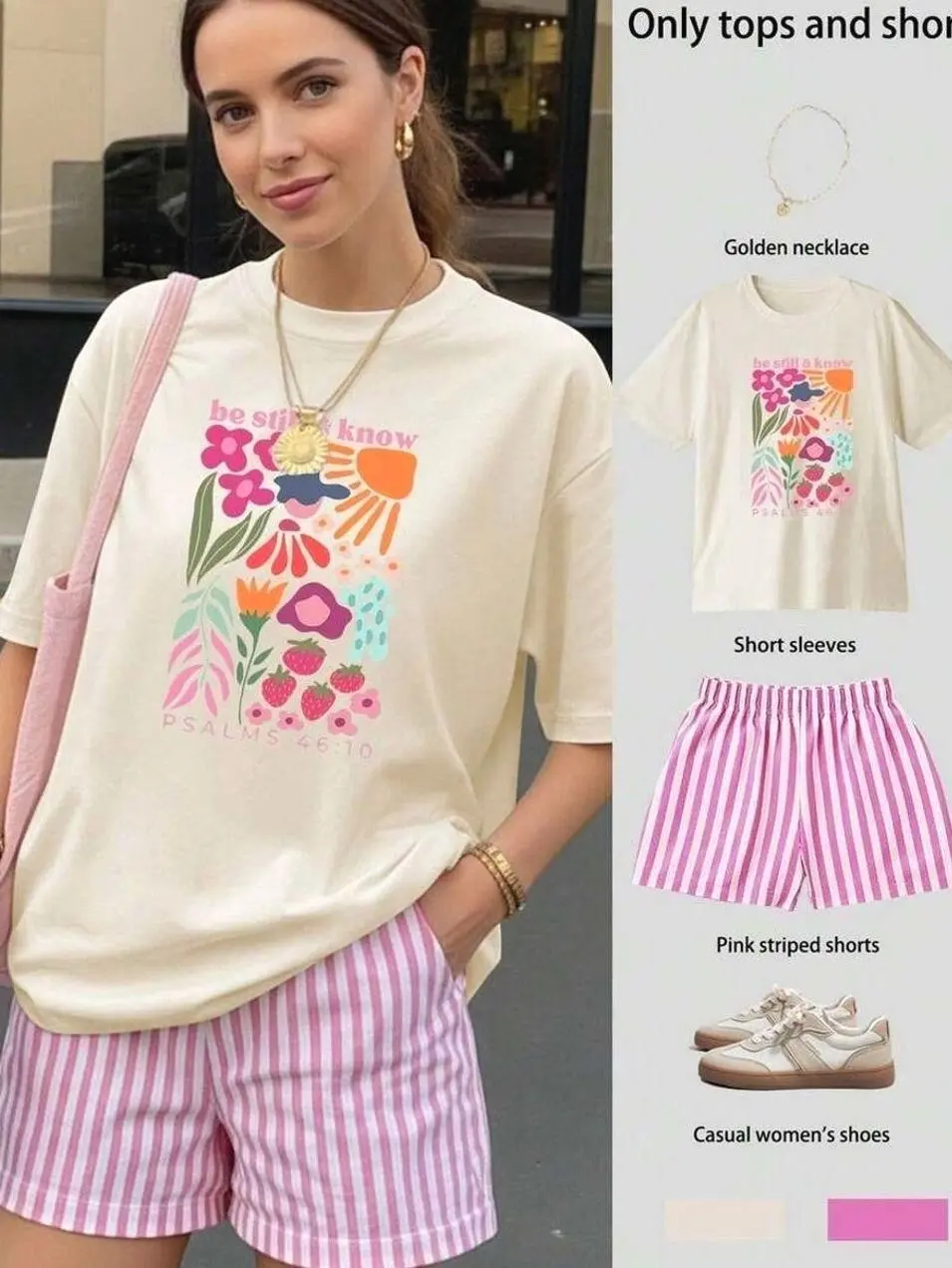 Women's Loose Short Sleeve Top And Striped Shorts Set, Summer Top, Casual Women's Clothing, Women's Clothing Elegant