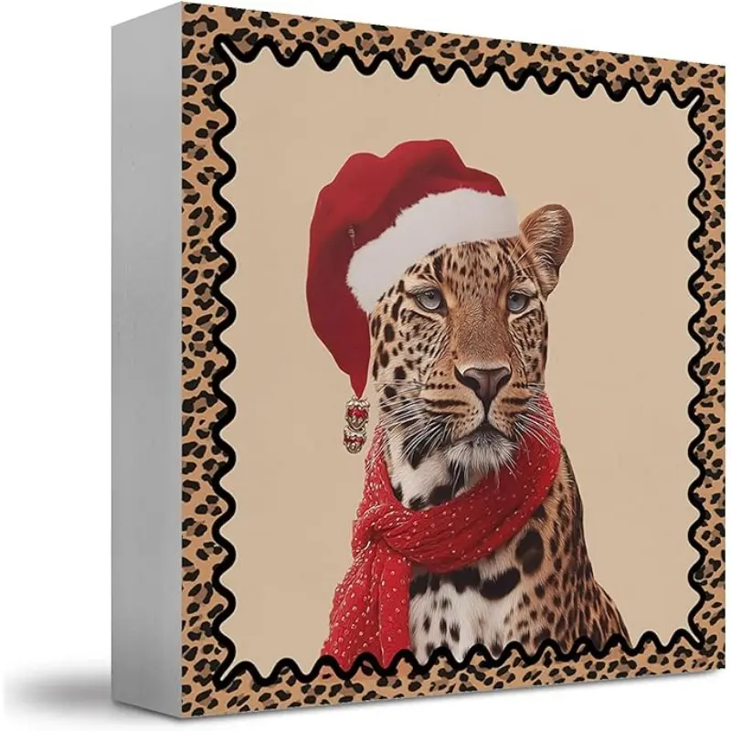 Christmas Cheetah Leopard Wooden Box Sign, Leopard Room Decor, Trendy Retro Christmas Cheetah Print Wood Block Box for Girly Room Bedroom Home Desk Shelf Table Decor, 5x5 Inch