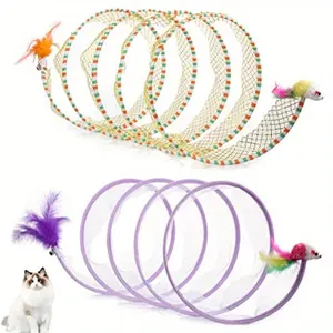 2 Pieces Foldable Cat Tunnel Spring Large Size Portable Cat Toy Spiral Tunnel with Artificial Feathers and Toy Mouse Tunnel Outdoor Puppy Cat Kitten Universal Striped Yellow Purple