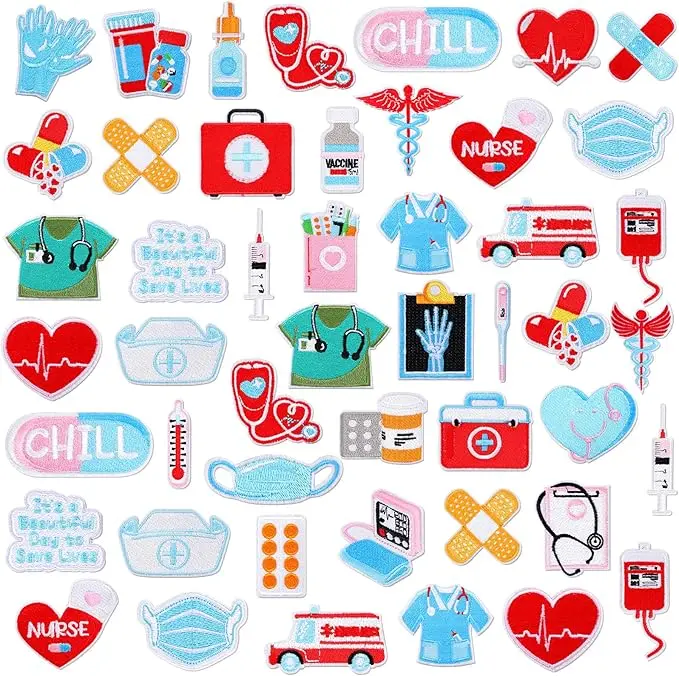 48 Pcs Nurse Iron on Patches Nursing Sew Iron on Applique Embroidered Patches Cute Medical Patch Decorative Repair Patch Nurse's Day Gifts DIY Crafts Accessories for Clothing Jacket Backpack Hat