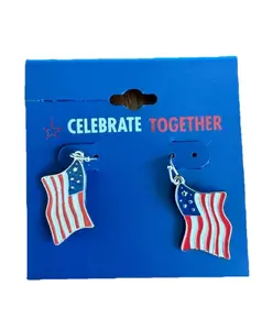Patriotic Celebrate Together Drop Dangle American Flag USA Earrings on Blue Card Design