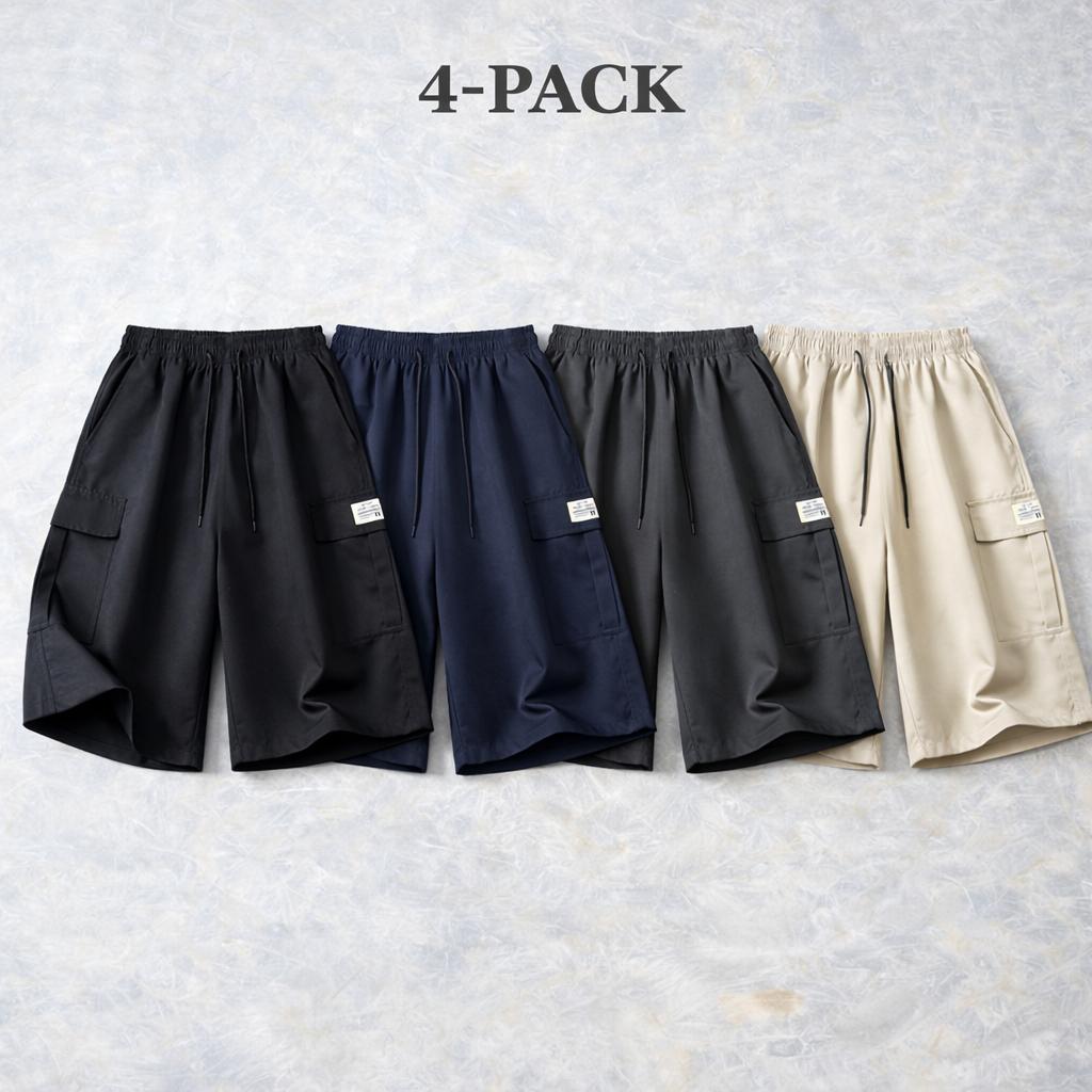 5-pack men’s cargo shorts for summer—loose fit with elastic waistband and drawstring, large side pockets and patch details, windproof breathable fabric, made from wear-resistant material; ideal for casual summer outdoor wear and a wardrobe essential for s