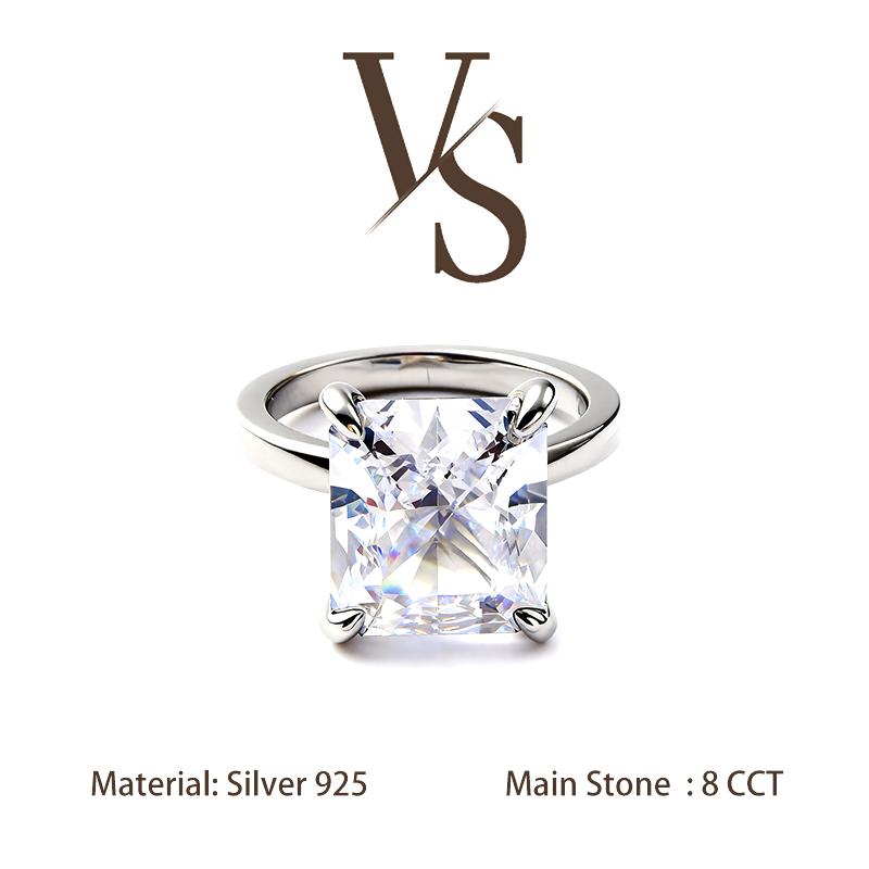 [Venus Jewelry] Lab Created Gemstone 8 CCT Radiant Cut Solitare Band Solid Silver 925 Sterling Ring