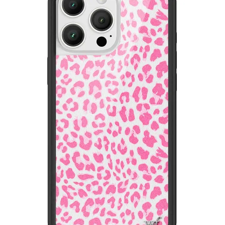 Wildflower Pink Meow Limited Edition iPhone Smartphone Casing - Basic Rubber Shockproof Durable Cover, Raised Black Bumper, White Background Pink Magenta Leopard Print, Women-Owned Small Business Gift (Fits iPhone 15)