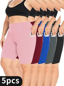 5-piece plus size 4′′ high-waist sports yoga shorts, spring and summer five-point cycling pants, casual shorts, comfortable and breathable
