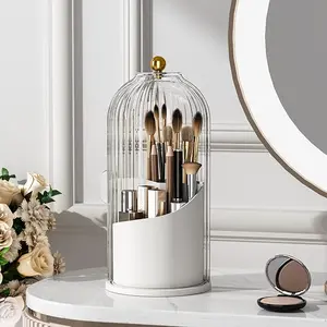 Modern 360° Rotating Makeup Brush Holder with Dustproof Cover, Luxury Acrylic Makeup Organizer Box for Vanity Home Storage