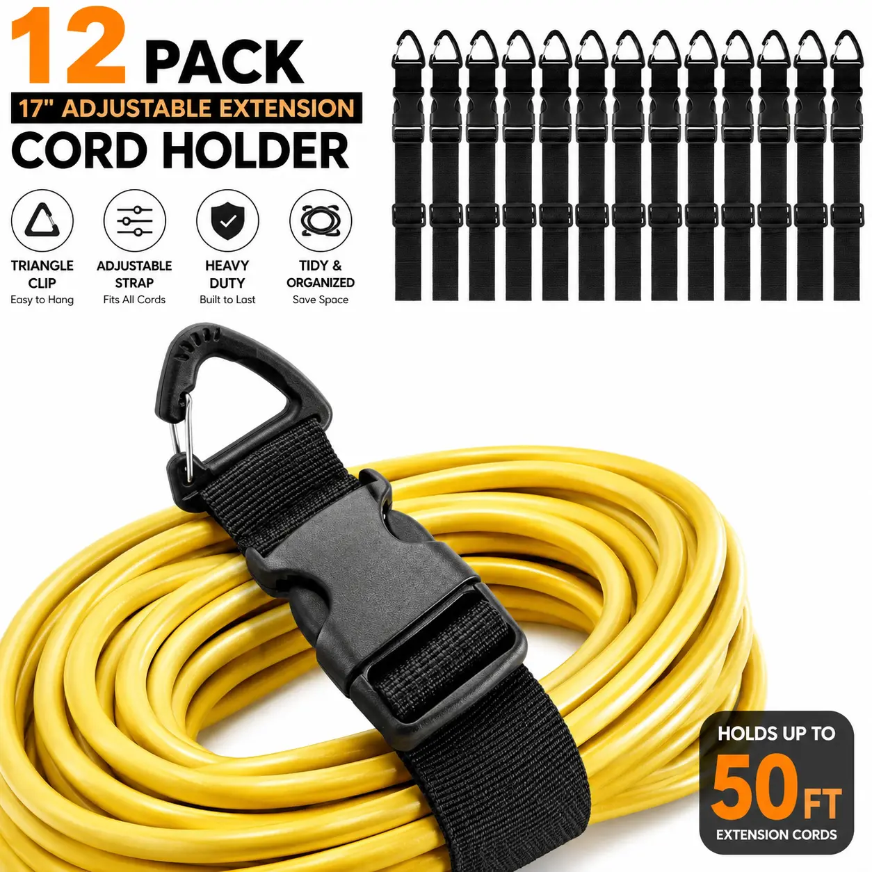 12 Pack 17 Inch Adjustable Extension Cord Holder Organizer with Triangle Clips for Garage Organization and Storage Heavy Duty Extension Cord Hanger for Men Workshop (Black)