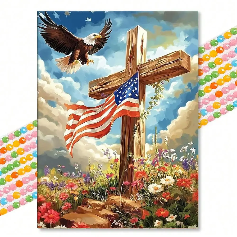 Eagle American Flag Floral Diamond Painting Kit, Vintage Style 5D Full Drill Round Beads Cross Stitch Mosaic DIY Wall Art Decor