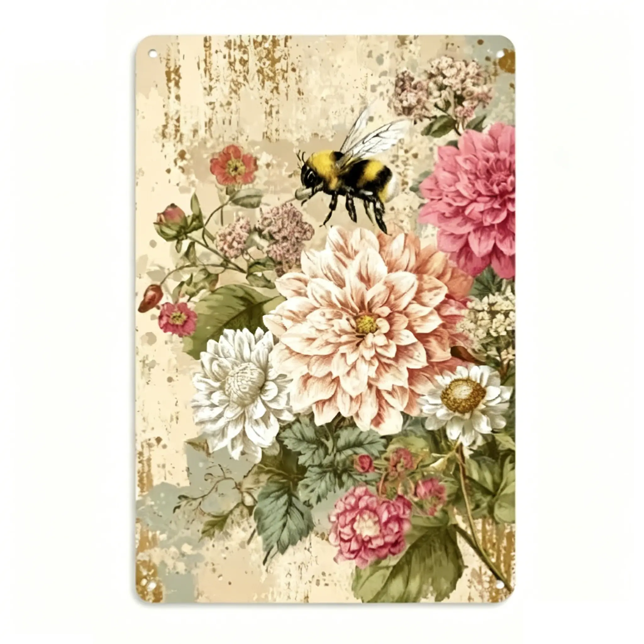 Antique Distressed Metal Tin Sign - Retro Bumblebee on Pink Dahlia Iron Wall Plaque, Blush Floral Home Supplies Decor, Thoughtful Gift for Bee Lovers & Women’s Bedroom Vanity