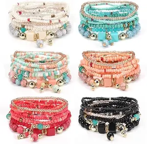 6-Set Bohemian Stacking Beaded Bracelet Set for Women, Handmade Layered Strand Bead Bracelets, Boho Crystal Elastic Stretch Bracelets for Women, Spiritual Jewelry Gifts for Daughter, Friendship, Christmas, Thanksgiving, Birthday