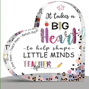 Heart Shaped Acrylic Plaque, 1 Count Creative Letter Pattern Desktop Ornament, Teacher Appreciation Gift, Home Decor for Office School Classroom, Creative Desktop Decoration