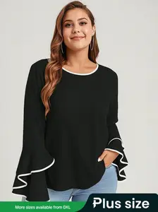 Plus Size Women's Casual Loose-Fit Long Sleeve Shirt, Spring Summer Round Neck Plain Color Blouse, Comfortable Ladies Top
