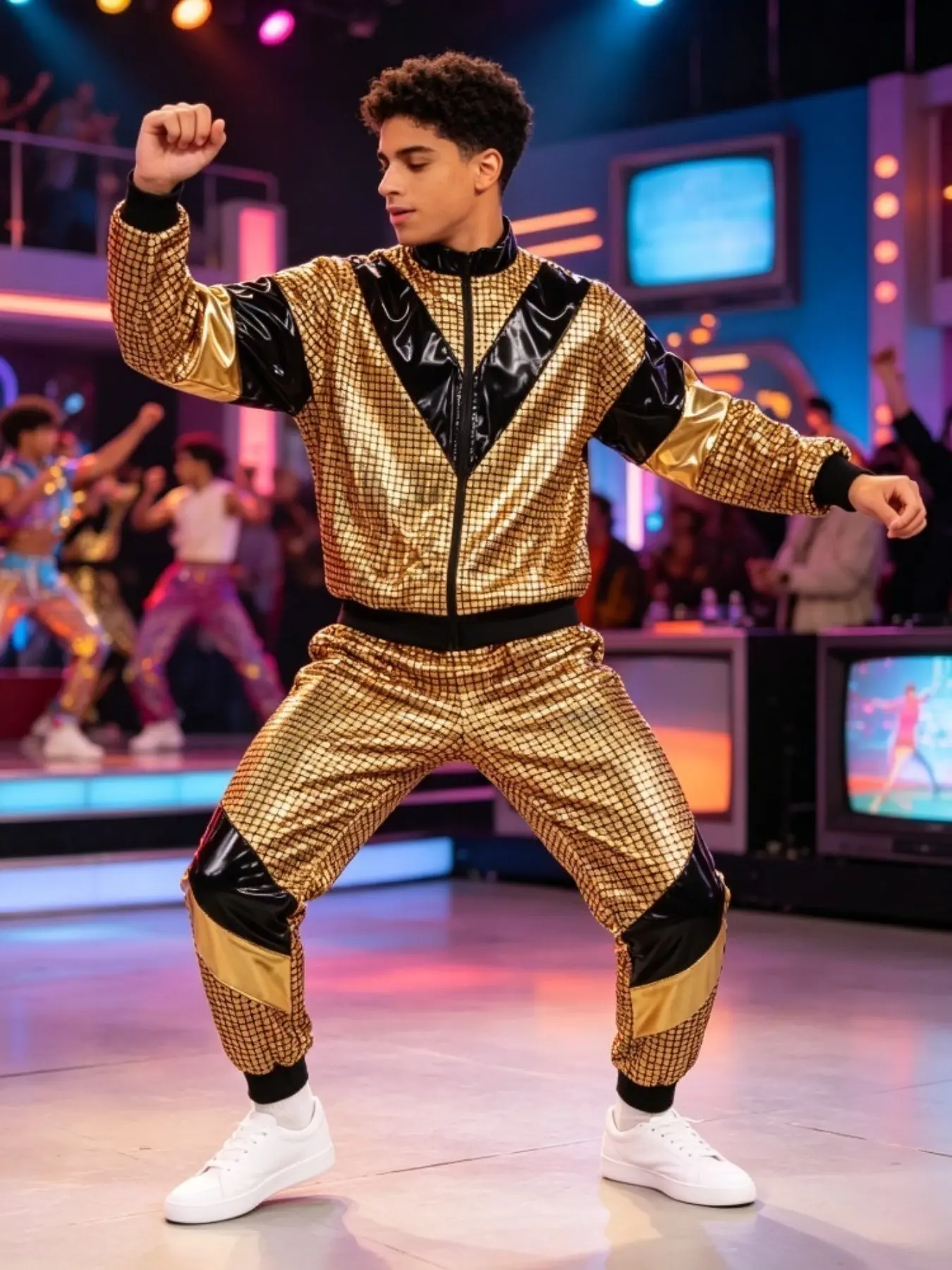 80s TV Dance Show Tracksuit Set | Retro Jogger Suit with Fluorescent Zip Jacket + High Waisted Side Stripe Pants | Vintage Costume for Talent Show Party