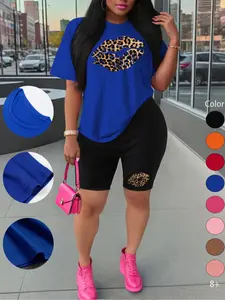 Summer New Short-Sleeve Shorts Set, Athleisure Wear Set, Sporty Graphics Lip Print, Comfortable Sports, Women's Casual Simple Versatile Outdoor Sport T-Shirt Plus Shorts Two-Piece Sports Clothes